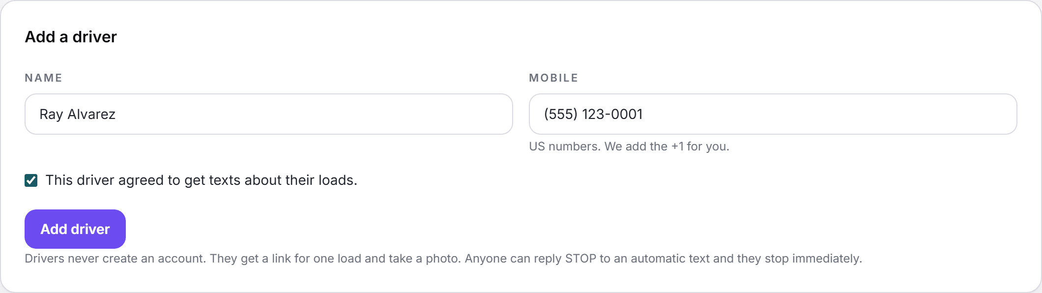 The DOCK2BILL "Add a driver" form, with the box "This driver agreed to get texts about their loads." checked.